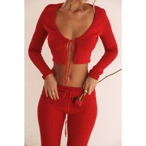 HOUSE OF CB Perla Cherry Pointelle Knit Top + Abigail Capri Trouser Red Set